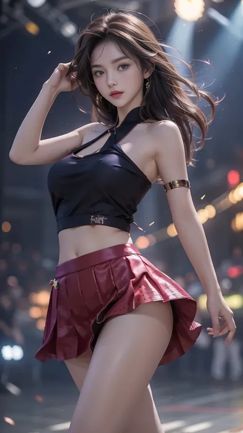 1 girl, 19 years old, ((city in Vietnam)), dark brown hair, purple eyes, hair ornament, light red dance short skirt ((cowboy photo)), ((bare shoulders)), ((short skirt)), realistic detailed photo of a plumple breasted girl with exposed shoulders, detailed ...