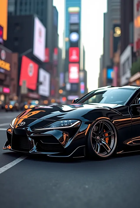 A black Toyota Supra car with beautiful rims in New York City in America