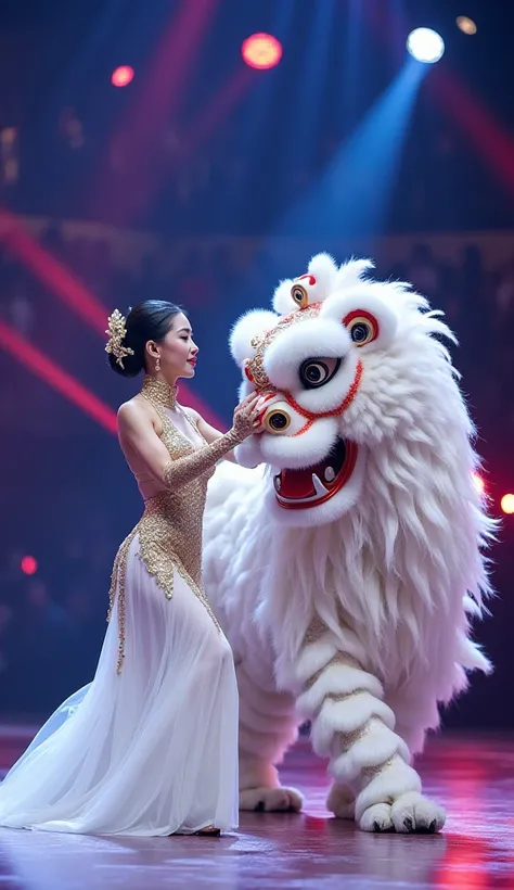 A young Chinese woman performs a stunning fusion dance with a majestic white lion on a TV show stage. She is dressed in a beautifully intricate costume, blending traditional Chinese elements with modern flair, creating a striking visual contrast with the l...