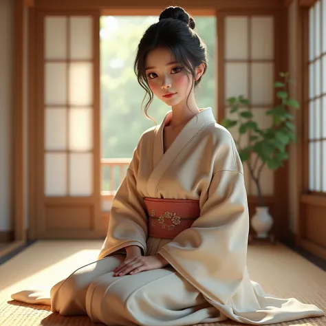 Realistic Portrait 、 one very beautiful young Japanese woman、full body Shot 、sit in a kneeling position、Japanese Seiza-style sitting、 popular movie actress 、 elegant and neat、wearing a KIMONO 、 Inside the traditional Japanese house , in 3d 、 high quality a...