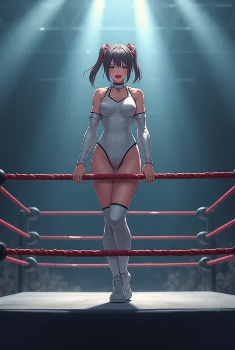 ((((masterpiece)))), (( unity 8k wallpaper, photorealistic , (( detailed face )), ((nsfw)), Female Pro Wrestler with Floating Legs,Umesaki Haruka ,Painful face, absolute center,Ponytail,ribbon,Pure white leotard,Elbow guard, leg protector ,3 ropes strung o...