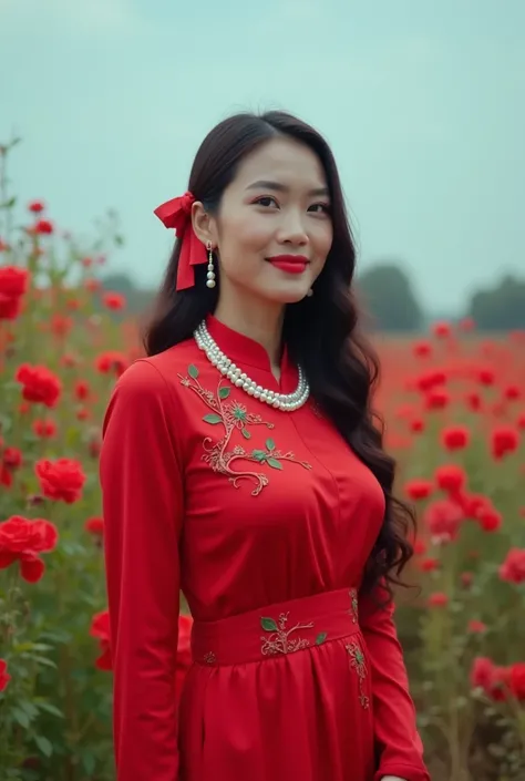  Portrait of beautiful native Indonesian woman in long sleeve red dress in ribbon ornament ,  wearing ribbon pearl necklace ,Long-haired pearl earrings wearing ribbon accessories in a bag ,In the garden of flowers in red it is seen that the sky is blue and...