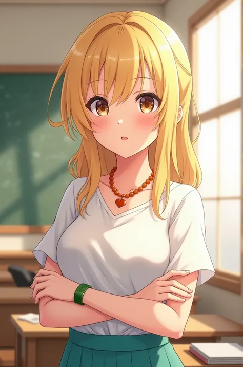  Make an image of a blonde anime girl with caramel brown eyes, dark orange heart necklace ,  cyan-colored skirt dress and also green bracelet , She has to be a teacher 