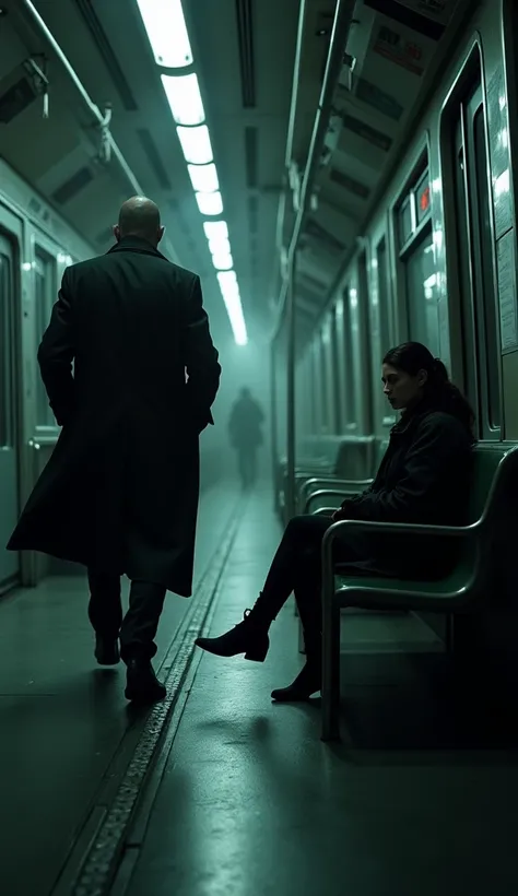 A tall, mysterious man in a dark trench coat steps onto the metro as the train halts at a dimly lit station. He walks calmly and sits beside the nervous girl, who glances at him briefly, hoping for some sense of relief."