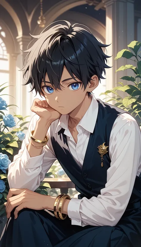 score_9, score_8_ up, score_7_ up,((8k)),Small boy,black hair,dark blue eyes,Nagi-kun, melancholic expression ,gold bangle inlaid with blue moonstone,Minimal, dress shirt,((Alone))