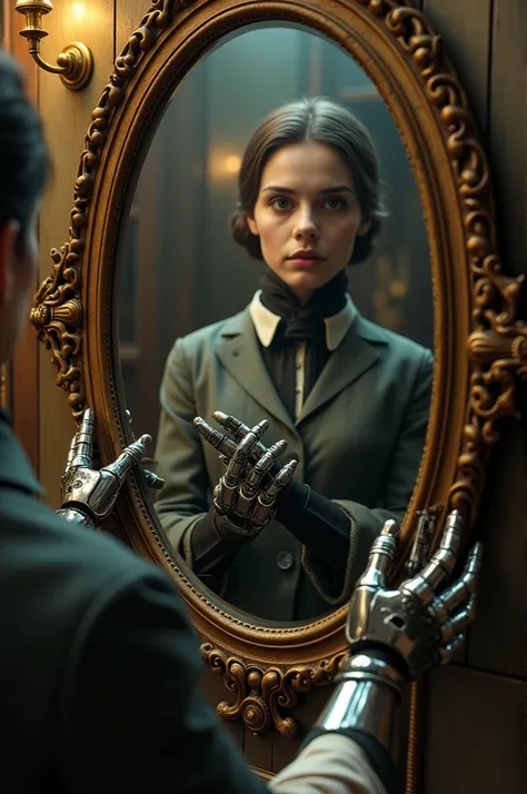  Create an image of a human ,  looking directly in the mirror in the first person, with a Steampunk theme ,  and his hands are robotic . Environment: Private office