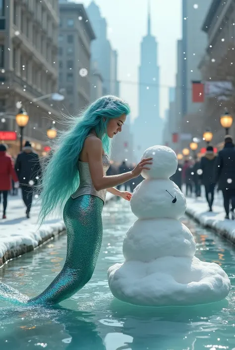 A mermaid is building a snowman in a bustling city square.