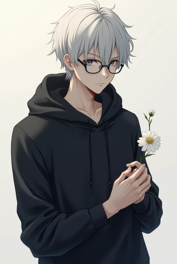 A white-haired male anime figure wearing a black sweater with a hood, long sleeves, long legs, gray eyes, about 20 to 30 years old, wearing glasses, holding a hikangbana flower.