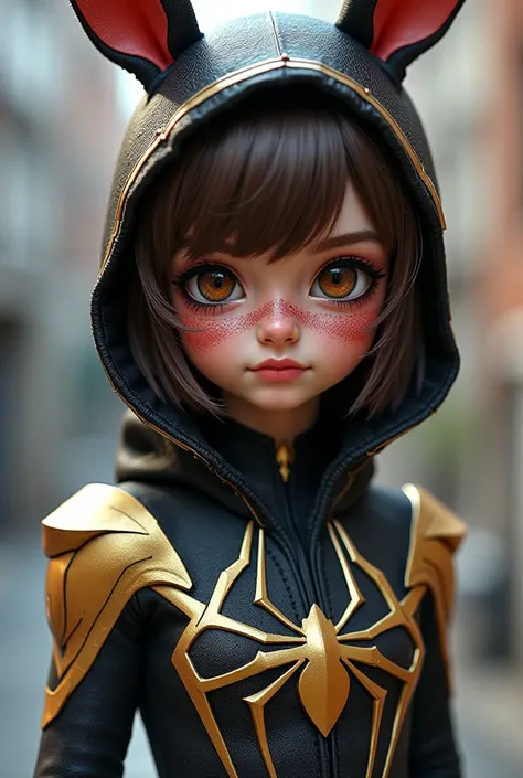 Create a girl with the color of a tiger skin with short hair  (Wolf cut )  curtain fringe with brown hair and small and flat nose small lips and thick dark brown eyes a little slouchy dressed as a spiderman wearing a black and white suit with gold details ...