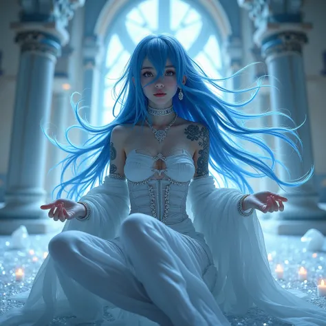 1girl, Solo, she have attractive face ,hot and sexy body, absurdly long hair, background inside crystal castle, fantasy world, frozen clothes, tattooed body, earring jewelries, 8k, hd, bandages covering our body, snow woman, white energy coming from her bo...