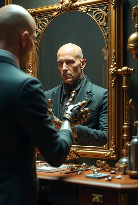 Create an image of a human male,  looking directly in the mirror in the first person, with a Steampunk theme ,  and his hands are robotic . Environment: Private office