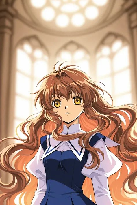 A girl that is an student. She has long wavy Brown hair with shiny golden eyes with blue dress uniform. She is brave and smiling. Kind. Clamp Tsubasa chronicles art style. 