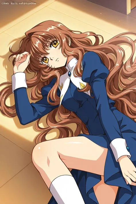 A girl that is an student. She has long wavy Brown hair with shiny golden eyes with blue dress uniform. She is brave and smiling. Kind. Clamp Tsubasa chronicles art style. 