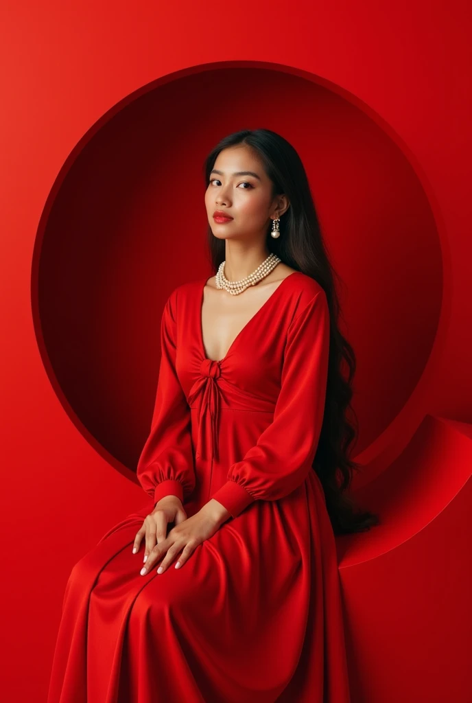  Portrait of beautiful native Indonesian woman in long sleeve red dress in ribbon ornament ,  wearing ribbon pearl necklace ,Long haired pearl earrings wearing ribbon accessories are sitting on top inside a hollow red circle in plain red plain floating 