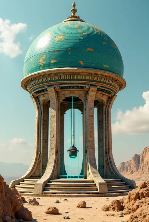 "A fusion concept of an ancient well-inspired structure with sci-fi elements, blending traditional Persian architectural motifs with futuristic design. The dome is crafted from turquoise tiles with glowing, dynamic golden patterns that shift subtly, giving...