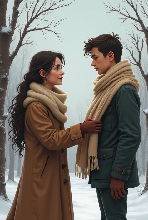 A girl is handing a boy a winter shawl, and the boy is staring blankly at her