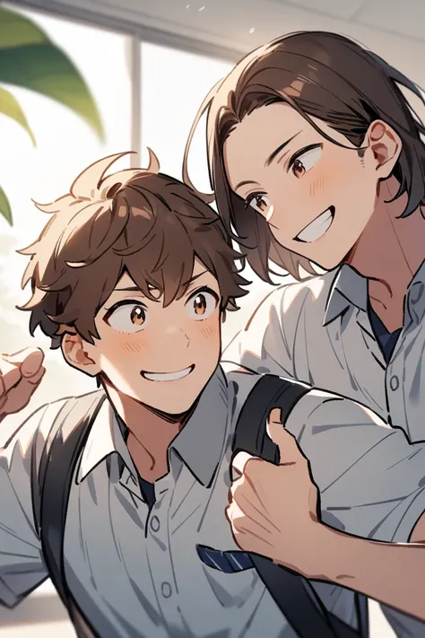  two boys 、 upper body、School uniform、smile、Brown Hair、 stretch、 high res