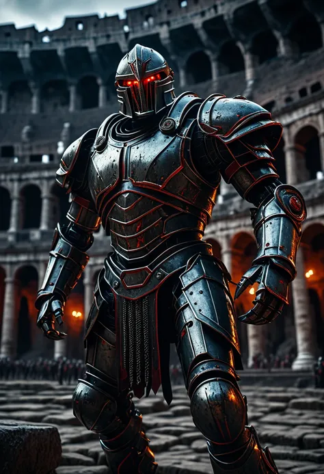 a massive robot gladiator, highly detailed metal exoskeleton, glowing red eyes, sharp claws and blades, standing in an ancient colosseum, epic battle scene, moody dramatic lighting, cinematic angle, dark and gritty atmosphere, muted color palette, (best qu...