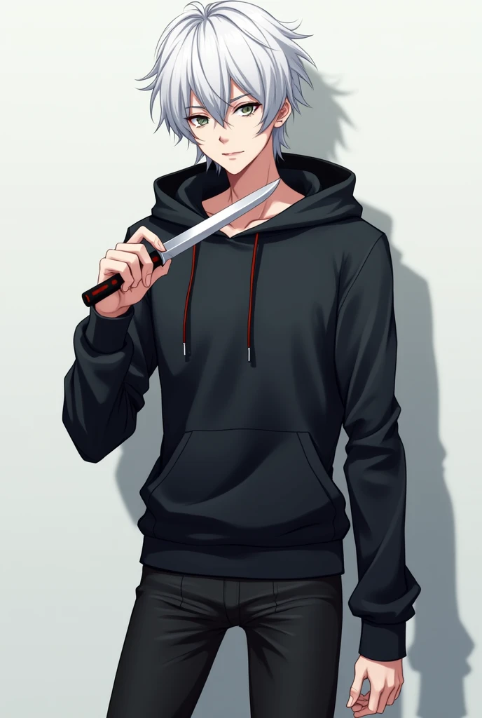 A WHITE-HAIRED MALE ANIME WEARING A BLACK SWEATER WITH A LONG-SLEEVED HOOD, LONG LEGS, GRAY EYES, AGED ABOUT 20 TO 30 YEARS, HOLDING A KNIFE WITH HIS LEFT HAND.