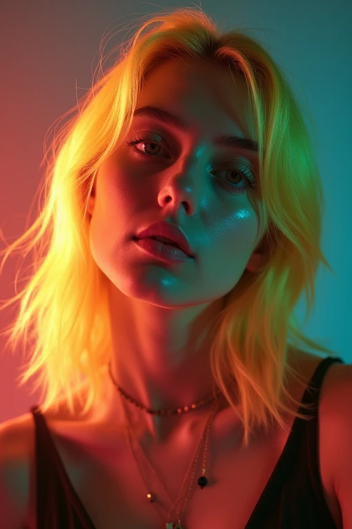 One woman,perfect face, 20 years old,cool rockstar,cool pastel yellow hair, Realistic, Analog Style, VHS style,neon, 8mm film, chromatic aberration, DVD Screen Grab, 80s  movie, Cinema Lighting, Live Portrait Shooting, Contemporary photography, Gothic dark...