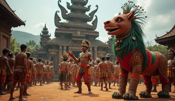 A mystical prince named Singa Barong, a half-man, half-lion figure, A grand dance performance being prepared by Raja Kelana Sewandana. Jathil dancers, vibrant with colorful kuda kepang (woven bamboo horses), practicing lively movements. The Warok stand in ...