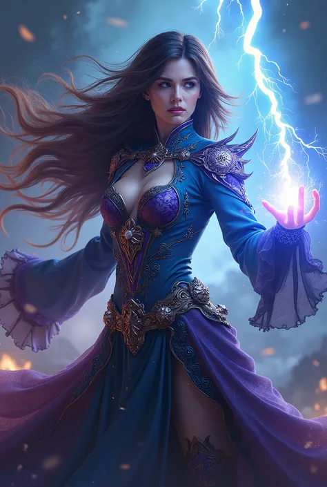 a woman witch elemental casting lightning bolt, detailed facial features, detailed eyes and lips, beautiful intricate costume, dynamic pose, fantasy landscape, dramatic lighting, glowing magical energy, vibrant colors, 4K, ultra-detailed, photorealistic, c...