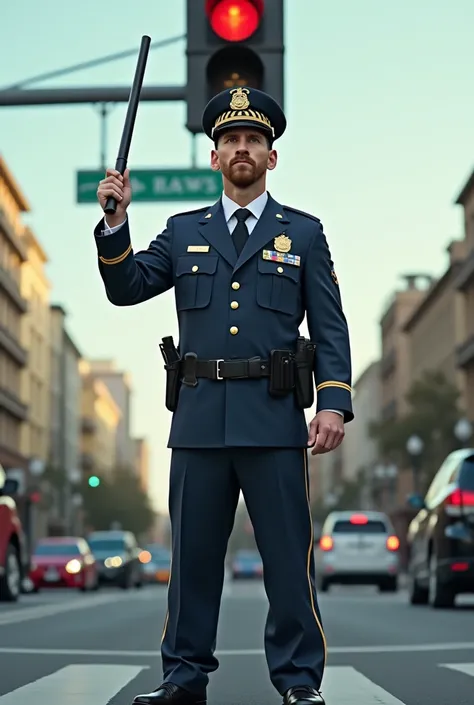 Lionel Messi is standing in front of a signal wearing a traffic police dress and holding a baton in the road.
