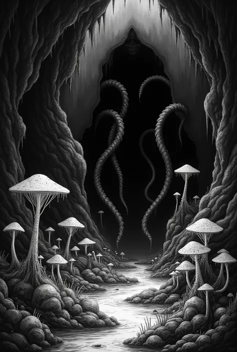 Create a psychedelic image, this have dark cave, humid, mushroom, tentacles where you use the colors black and white
