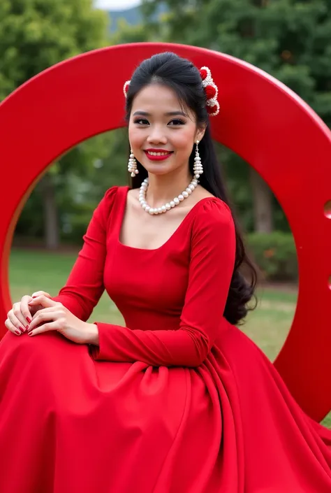 Portrait of Beautiful Indonesian Native Woman in Long Sleeve Red Princess Dress in Ornamental Ribbon,  wearing ribbon pearl necklace , long haired pearl earrings wearing ribbon accessories sitting on top inside a red circle with holes in plain red plain fl...