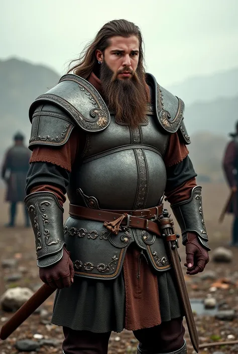 A man with a beard and long brown hair wearing a medieval combat uniform 