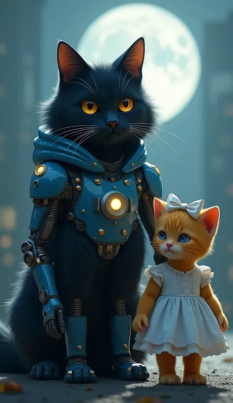 The black cat, with long hair and a robotic blue outfit, lands heroically with a determined gaze. Next to her, the little yellow kitten with a bow on her head, in a white dress, stands worried under the moonlight.