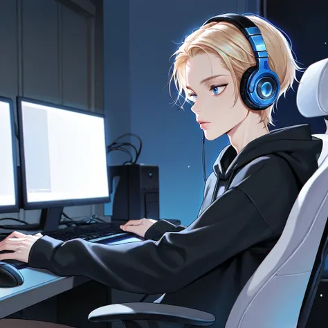 1boy, solo,bishounen,skinny,lips,portrait,forehead,
short hair,blonde hair, long sleeves,sitting, blue eyes,upper body, indoors, from side,headphones, black hoodie,computer, monitor, swivel chair, keyboard (computer), mouse (computer),