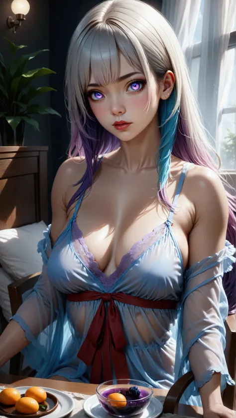 (masterpiece, aesthetic, detailed eyes, realistic), 1girl, mahiru shiina, Long smooth straight grey hair, inner blue to purple gradient hair, blue to purple gradient eyes, perfect anatomy, muscular, sitting in see through nightgown in room facing the viewe...