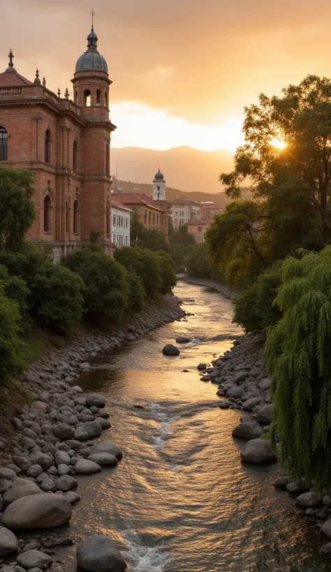 Basin,  Ecuador full of exposed brick skyscrapers and houses with tile roofs ,  buildings of ancient classical architecture imposing on a golden sunset. Rivers with trees , big stones, Riveras Verdes ,  people and stone paths on the banks of rivers .