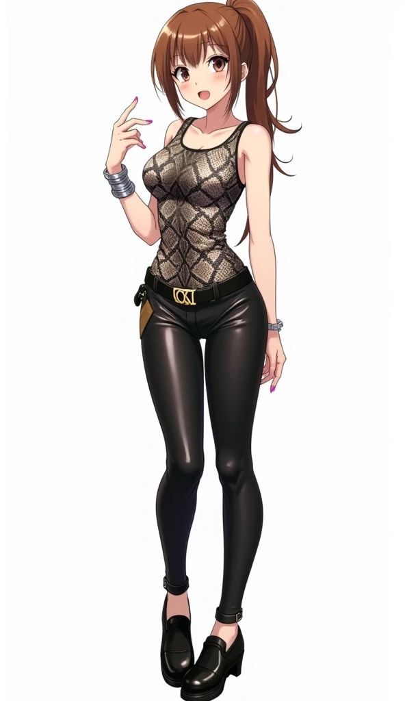 Japanese anime teenage woman with long brown hair with a ponytail leaving brown locks and eyes and pink nails and wears a tight tank top with snakeskin print in shades of black and white. She wears black leather pants and a belt with a buckle that has the ...