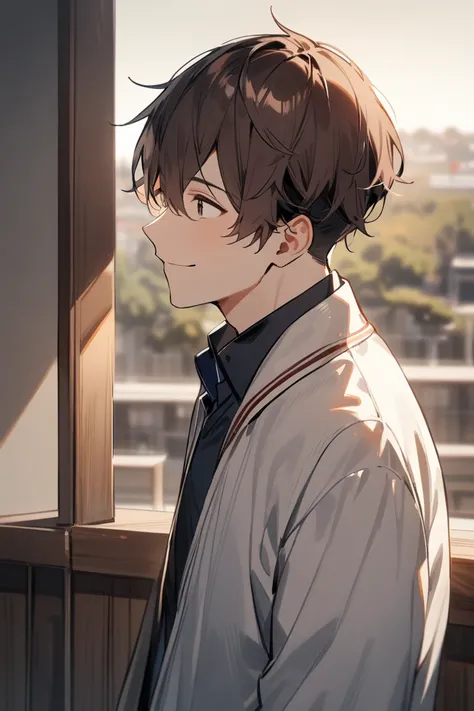  1 Boy 、 upper body、 school uniform、smile、Brown Hair、Overlooking、 high res