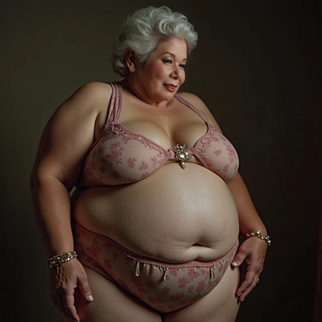 One elderly mature mother, realistic, theme is "emphasizing the obscene image of a plump, fat, slutty elderly mature mother with saggy breasts", depicting the obscene appearance of an obese, big-breasted elderly mature woman provoking her son in thin linge...