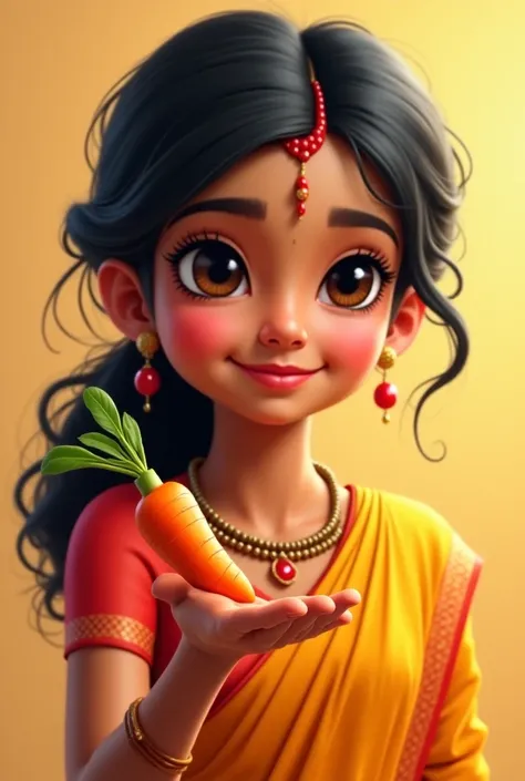 a cute indian woman in his hand a little Carrot