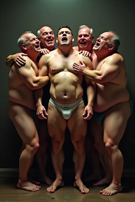 a burly guy in the nude using only panties and having his stomach tortured by many fat and old gay men