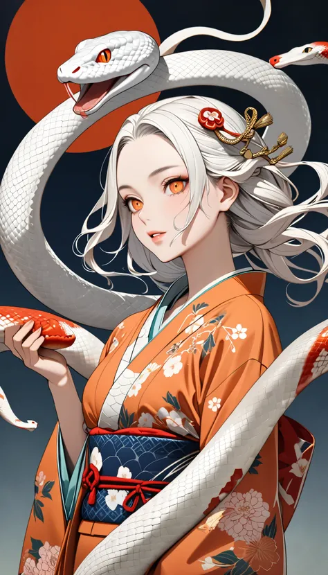 zodiac(snake)Personification of, White Snake, kimono(white), Kimono remade wide pants, Casual upper body(Bleaching、bandage), Flutter your coat and dance gracefully, very beautiful face , An innocent modern snake god who plays with a giant white snake, sna...