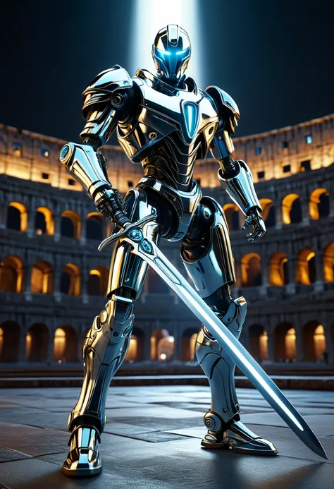 a shiny chrome robot,slender,holding a sword,ready to fight,highly detailed,intricate mechanical design,glowing eyes,metallic texture,dynamic pose,futuristic sci-fi setting,cinematic lighting,dramatic shadows,vibrant colors,photorealistic,3d render,8k,best...