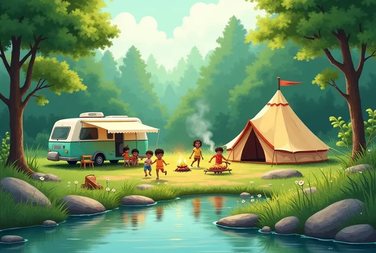  green and mint-colored vacant lot .  The leaves and blades of grass swaying in the wind are gently shaking the small wild flowers on the floor .  The camper is located at the end of the forest, and ,  Next to it, a cute tent and an Indian tent are placed ...