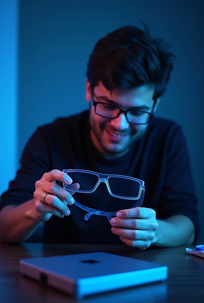 "Create an image of a person sitting at a desk, unboxing Lenskart blue-ray gaming glasses. The glasses are sleek and stylish, with a futuristic design. The person is showing excitement while holding the glasses, and the packaging is neatly displayed on the...