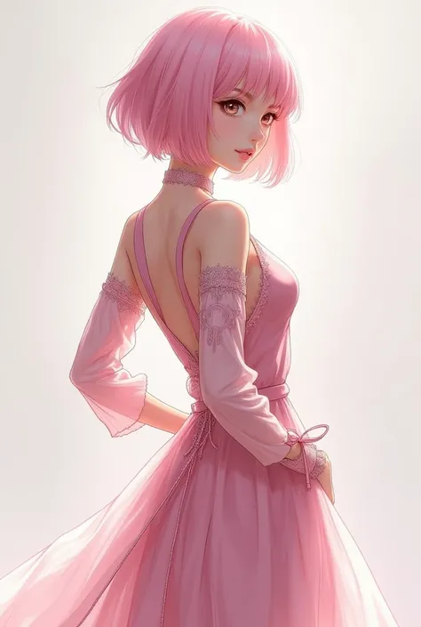 Light pink hair, short hair, s ago, back view, looking back, full body, Q version, beautiful clothing, bust