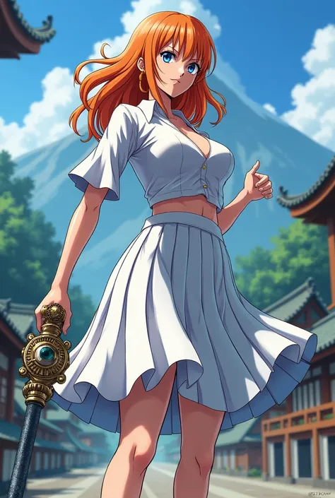 Nami from one piece wearing white pleated skirt and has a clima tact and is in wano