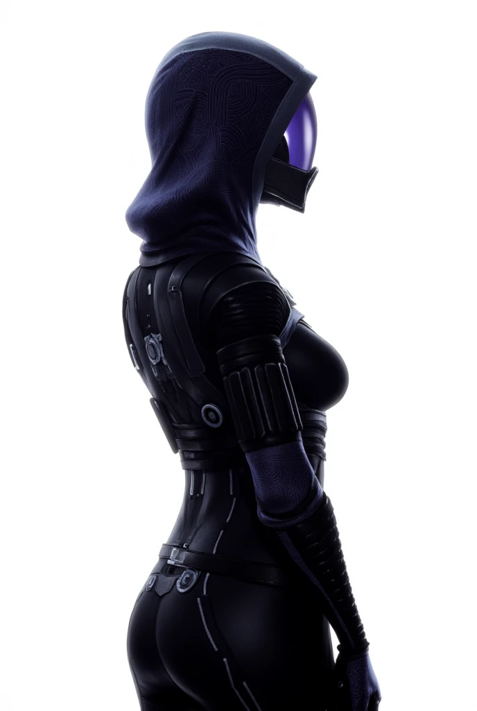 Mass effect TaliZorah from the waist up, from behind, solid white background