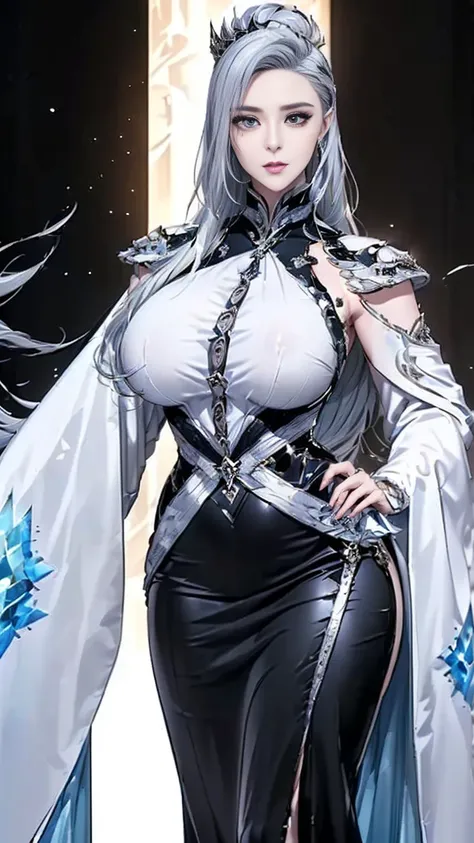 (best quality:2.0), (extremely detailed:2.0), (highly detailed:2.0),(Azna, the commander of the Innocence organization’s East Asia branch, with silver hair and a perfect figure, always maintaining a cold and emotionless expression, exuding noble and icy ch...