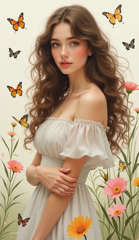 One girl, classical, long curly brown hair, beautiful eyes, full body,high quality, white skin,  Various poses, Surrounded by colorful butterflies and flowers, low saturation, fine line drawing, fine detail, soft light 