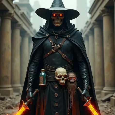 CHAKAN: The forever Man - A Tall, gaunt figure clad in black leather armor, and a dark, wide-brim hat. His face is ancient and aged, the skin dark and leathery, making him look almost dead, while his eyes glow orange like fire. On his hip, attached to a ut...