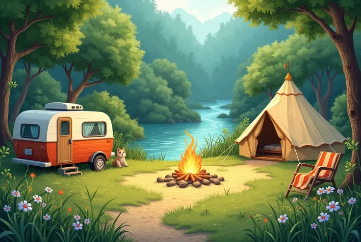  green and mint-colored vacant lot .  The leaves and blades of grass swaying in the wind are gently shaking the small wild flowers on the floor .  The camper is located at the end of the forest, and ,  Next to it, a cute tent and an Indian tent are placed ...